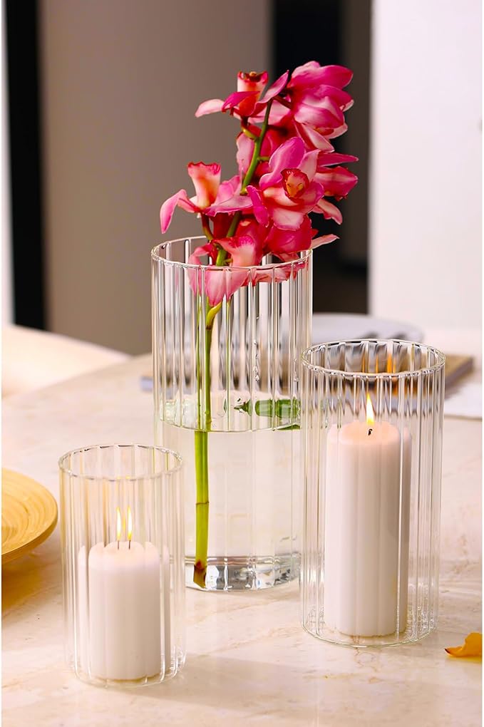 PHOSPHOR 6 PCS Ribbed Glass Candle Holder, Cylinder Candle Holders for Pillar Candles, Clear Glass Hurricane Candle Holders 6'', 8'', 10'' Glass Cylinder Centerpieces Vases