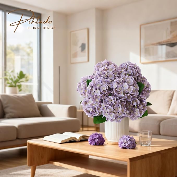 A Bunch 21in, Real Touch Hydrangea Artificial Flower, with 5pcs Flower Head 10pcs Leaves, Faux Hydrangea Flowers for Home Office Decor Wedding Party Arrangements (1, Light Purple)