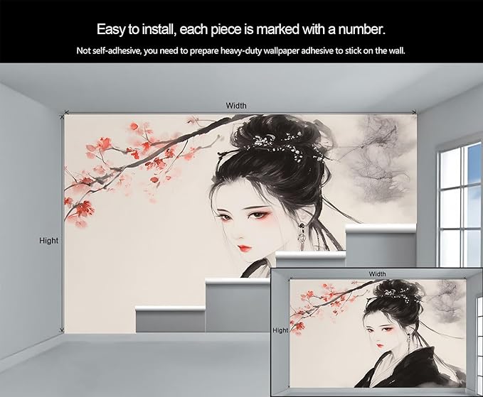 Asian Woman Wall Mural, Oriental Japanese Woman 3D Wall Murals, Ink Style Art Wallpaper Mural, for Living Room Bedroom Large Wallpaper Indoor Decor 157.5" W x110.3 H