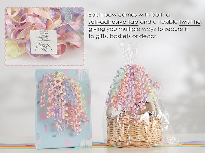 HUIHUANG Pastel Bows for Gift Wrapping 7" Pastel Rainbow Curly Gift Bow Self Adhesive & Twist Tie Ribbon Bows for Presents Gifts Easter Baskets Baby Shower Party Favors- 6 Counts