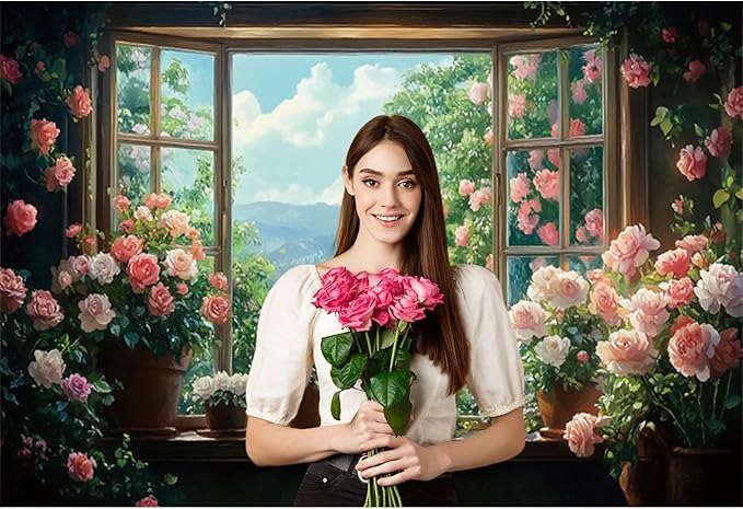 Baocicco 10x7ft Flowers Windowsill Photography Background Spring Floral Retro Oil Painting Photo Backdrop for Valentines Mothers Day Birthday Wedding Party Decorations Girls Women Portraits