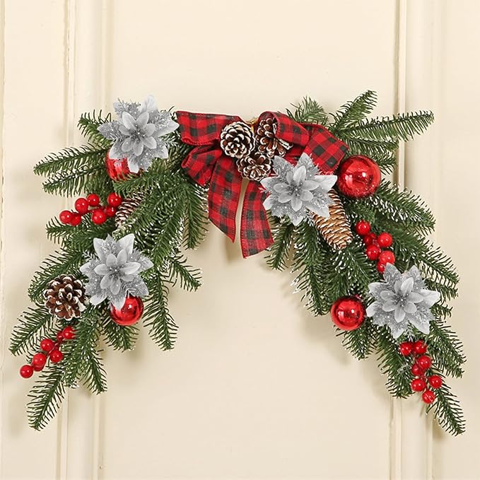 24 PCS Poinsettia Flower Artificial Silver Christmas Flowers Artificial 5.5'' Glitter Poinsettias Artificial Christmas Tree Flower with Clips DIY Xmas Wreath Holiday New Year Home Party Decor