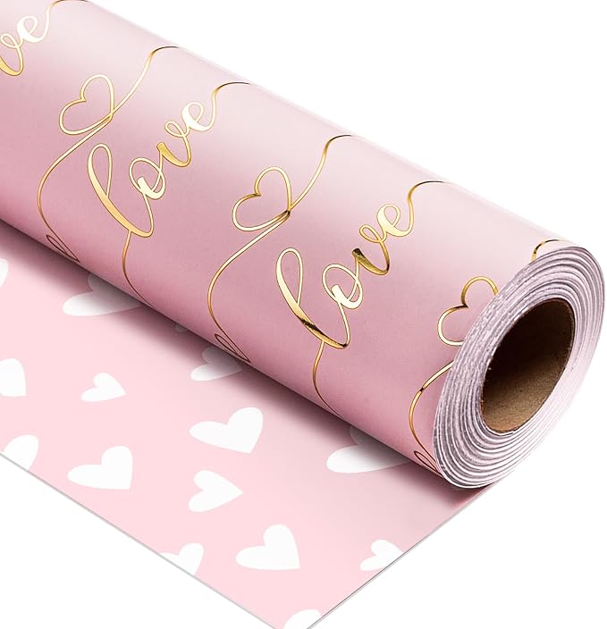 Afucus Pink Gold Foil Love Wrapping Paper, Reversible Mini Roll Gift Wrapping paper for Valentine's Day, Mother's Day, Wedding shower for brides (17 Inch X 33 Feet)