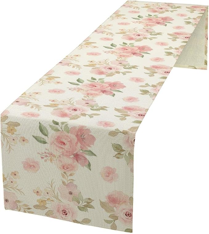 Vintage Rose Table Runner, Watercolor Romantic Pink Floral Blossoms Table Runner for Kitchen Dining Holiday Party Home Decor, 13x36 Inch