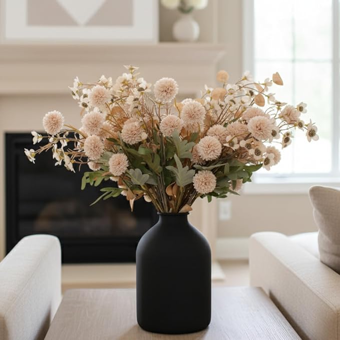 Beige Silk Flower Arrangements For Home Decor, Large Floral Centerpieces For Tables, Fake Mums + Eucalyptus + Wild Flowers in Bulk, Long Stem Artificial Flowers Coffee Dining Table, Faux Mums Flowers