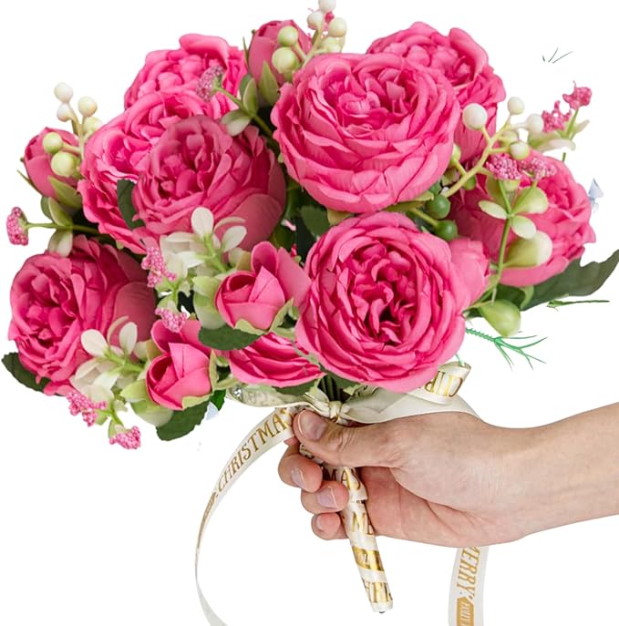 ASTRYAS 2Pcs Artificial Peony Flower Silk Peonies Fake Flowers for Decoration Faux Floral Arrangements for Home Wedding Party Decor (Hot Pink)