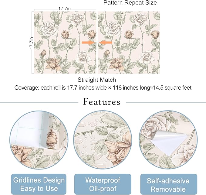 VaryStyle Vintage Beige Floral Wallpaper Elegant Rose Branches Flower Peel and Stick Wallpaper for Bedroom Bathroom 17.7"x118" Self Adhesive Waterproof Vinyl Beige Contact Paper for Cabinets Drawers