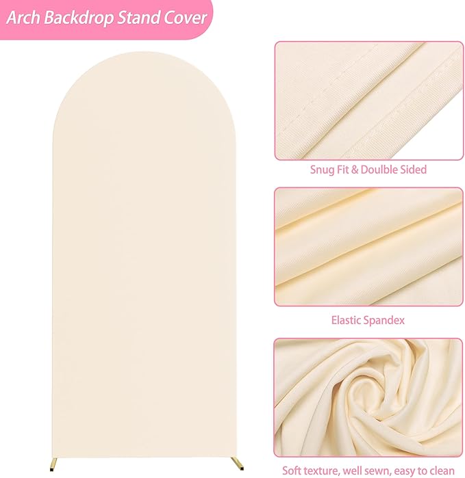 Putros 6ft Metal Arch Stand with Cover Beige Spandex Fitted Wedding Arch Cover and Round Top Chiara Backdrop Stand Set for Birthday Party Baby Shower Decoration