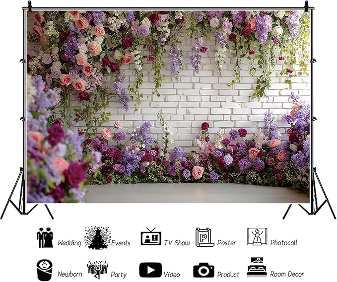 Baocicco Flower Brick Wall Backdrop 12x10ft Rose Flowers Photography Backdrops Baby Shower Bridal Shower Party Decorations Kids Adults Portraits Birthday Wedding Banner Supplies Props Video Studio