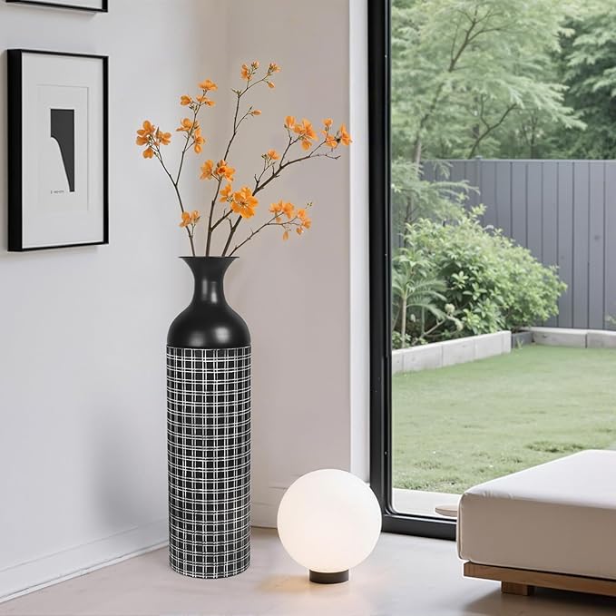 Tall Floor Vase Set of 3, Large Black Metal Vase with Minimalist White Lines & Detachable Vases Mouth, Big Modern Decorative Vases for Living Room,Hallway,Dining Rooms,Office,Kitchen.