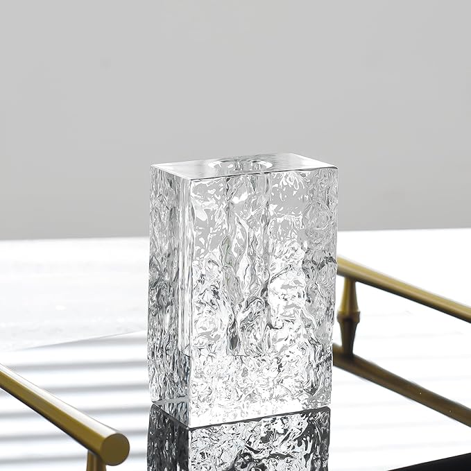 Crystal Flower Vase with Glacial Texture,Heavy Duty Large Clear Vase for Dining Table Kitchen Office Home Shelf Display Wedding Living Room Centerpieces