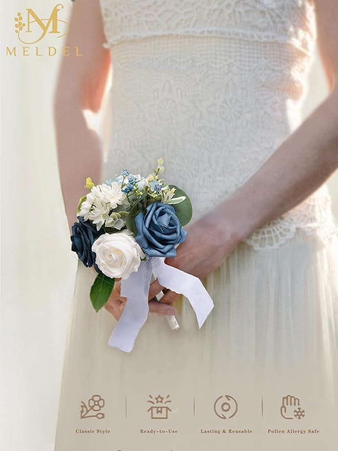 Meldel Blue Wedding Bouquet Set of 6, Mini Bridesmaid Bride Bouquets, Small Bridal Flowers, Fake Flower Artificial Floral Wedding Centerpieces Decor Party Prom