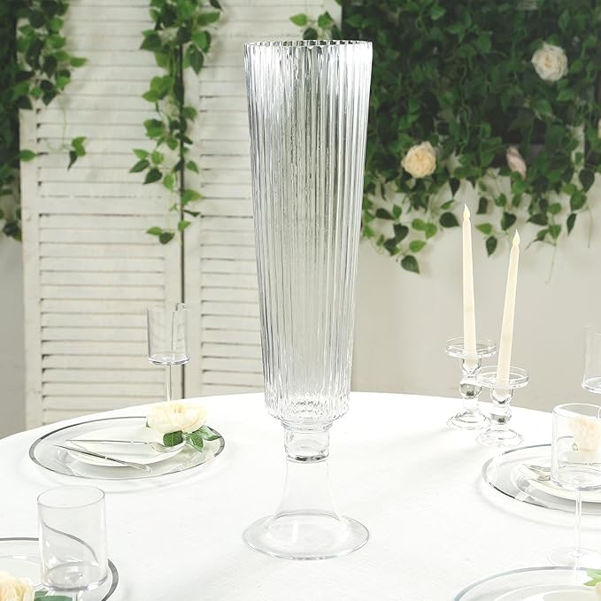 Efavormart 4 Pack Clear Ribbed Glass Trumpet Vases, Heavy Duty Flower Vases for Weddings and Centerpieces - 26"