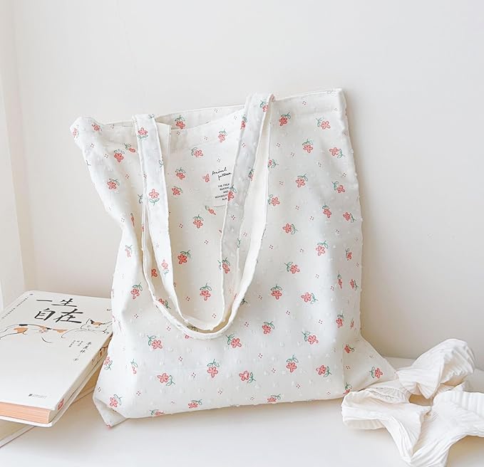 Cotton Canvas Tote Bag Reusable Soft Grocery Cloth Bag Floral Shoulder Bag for Beach Travel Shopping
