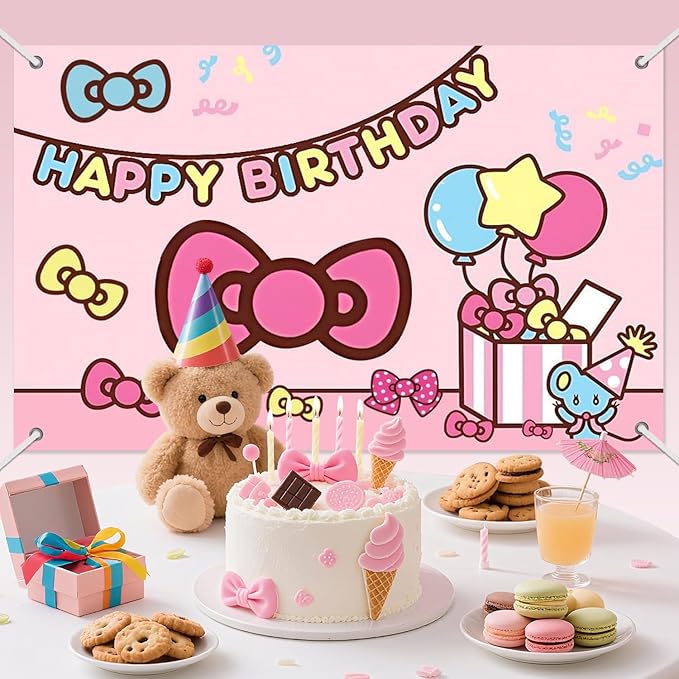 3x5ft Pink Bow Birthday Backdrop, Happy Birthday Decoration Background, Cute Cartoon Cat Theme Party Supplies Outdoor Indoor Photo Banner