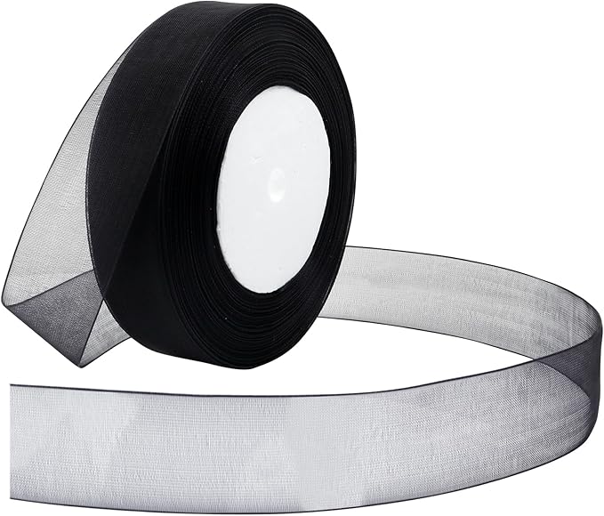 Black Ribbon for Gift Wrapping 1 inch Sheer Organza Ribbon for Flower Bouquet Tulle Thin Chiffon Ribbons for Wedding Invitations Presents Decorations Crafts 50 Yards