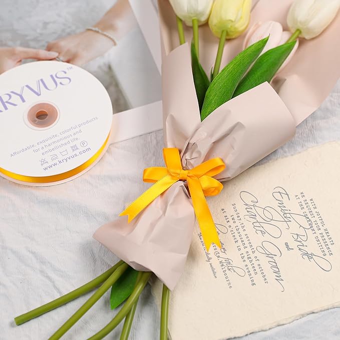 Double Faced Yellow Gold Satin Ribbon, 1/2 Inch X 25 Yards Polyester Ribbon for Gift Package Wrapping, Crafts, Bow Making, Sewing, Flower Bouquet, Wedding Party Decor