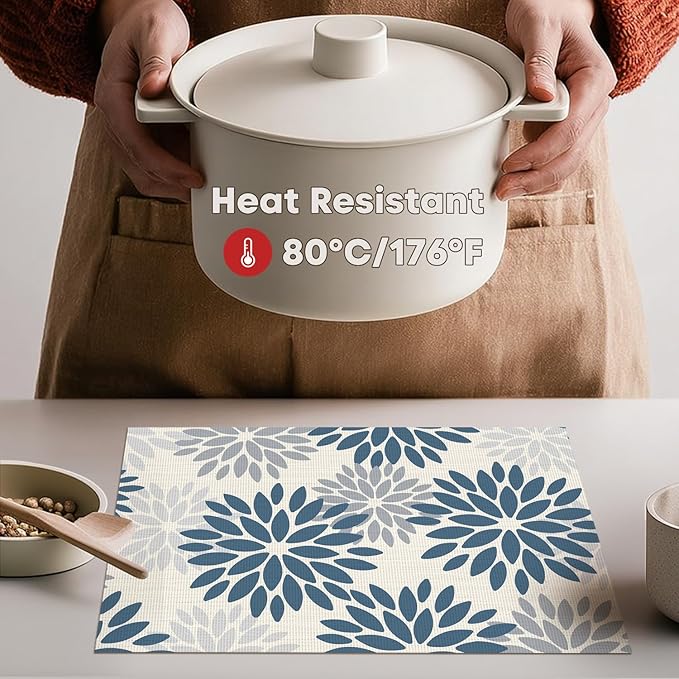 Artoid Mode Floral Vinyl Plistic Placemats Set of 6, Washable Heat Resistant Non-Slip Woven Plastic PVC Place Mats for Farmhouse Holiday Party Kitchen Dining Decor