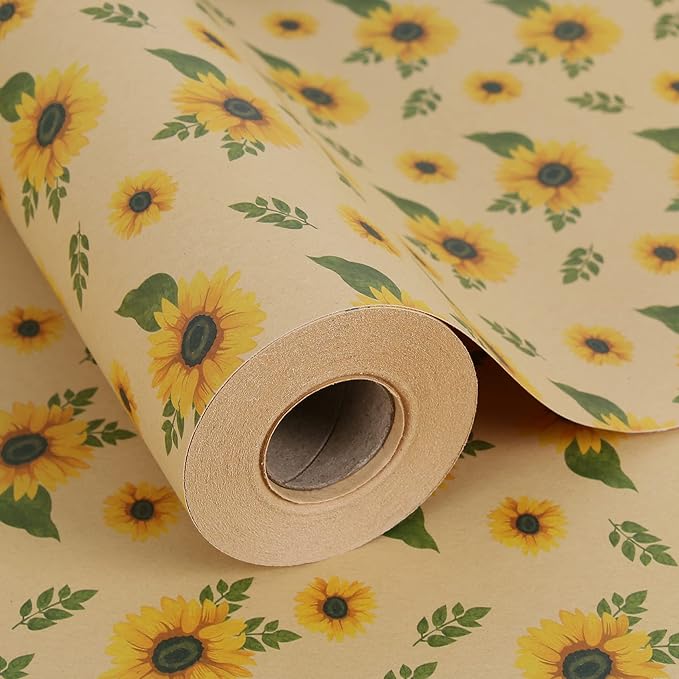 Aimyoo Kraft Floral Wrapping Paper Jumbo Roll, All Occasion Sunflower Flower Gift Wrap Paper for Wedding Bridal Shower Birthday, 17 in x 60 ft