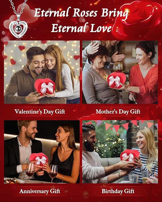 Preserved Red Forever Rose Heart Necklace Gift Box, Eternal Flowers "I Love You" Projection Jewelry for Women, Romantic Christmas Valentines Day Anniversary Birthday Gift for Her(Wife Girlfriend Mom)