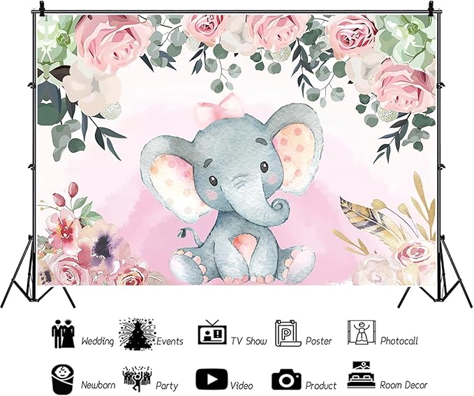 AOFOTO 15x10ft Pink Flowers Elephant Baby Shower Backdrop for Girl Sweet Floral Gender Reveal Background for Photography Kids Infant Birthday Party Banner Cake Table Decoration Photo Studio Props