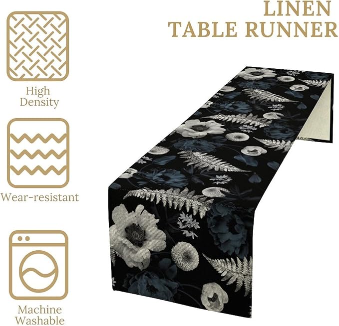 Vintage Floral Table Runner,Gothic Blue White Retro Floral Plant Print Table Runner for Home Kitchen Table Dining Indoor Outdoor Party Decor 13x70 Inch