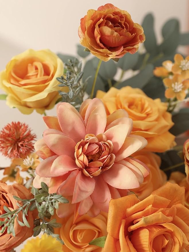Artificial Flowers Combo Box Orange Fake Roses Silk Flowers with Stems Dahlia for DIY Cake Wedding Bridal Bouquets,Floral Arrangement,Table Centerpieces,Baby Shower,Home Party Decorations
