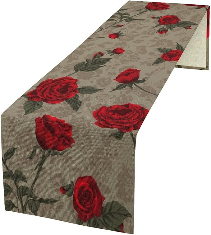Red Rose Print Table Runner, Romantic Vintage Rose Spring Summer Dinner Runner Table Decoration for Home Kitchen Dining Holiday Wedding Party 13x36in