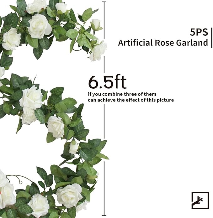 ZIFTY 5Pcs 32.5FT White Flower Garland Fake Vines Faux Artificial Floral Garland for Wedding Decortions Hanging Rose Ivy for Arch Garden Ceremony Background Outdoor Wall Decor