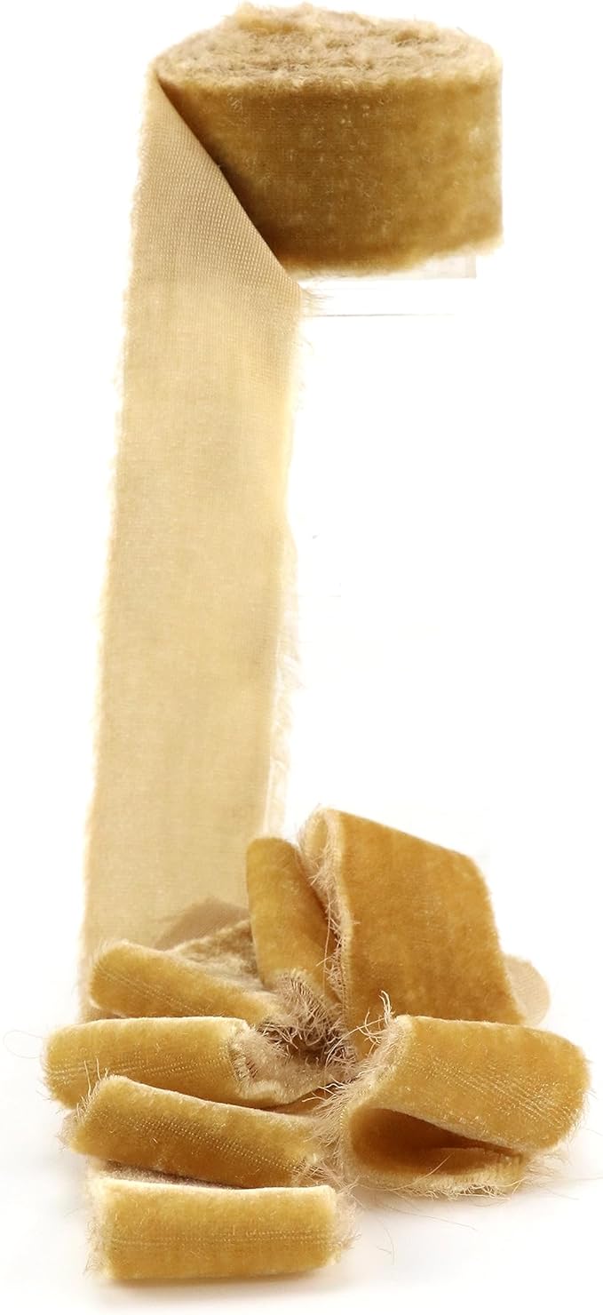 Gold Velvet Ribbon 1.5 Inch Frayed Silk Velvet Ribbon Antique Gold Christmas Tree Velvet for Gift Wrapping, Raw Edge Boho for Wedding Invitation Bridal Bouquet -3yards