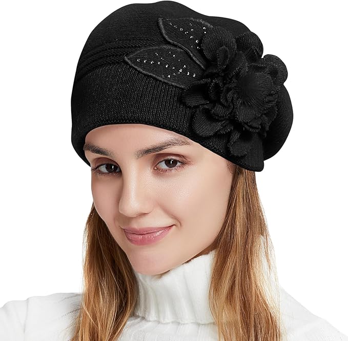 Flower Women Beret, Double Layer Thickened Winter Knitted Beanie Beret Hat, Stylish French Dress Beret Hats for Women