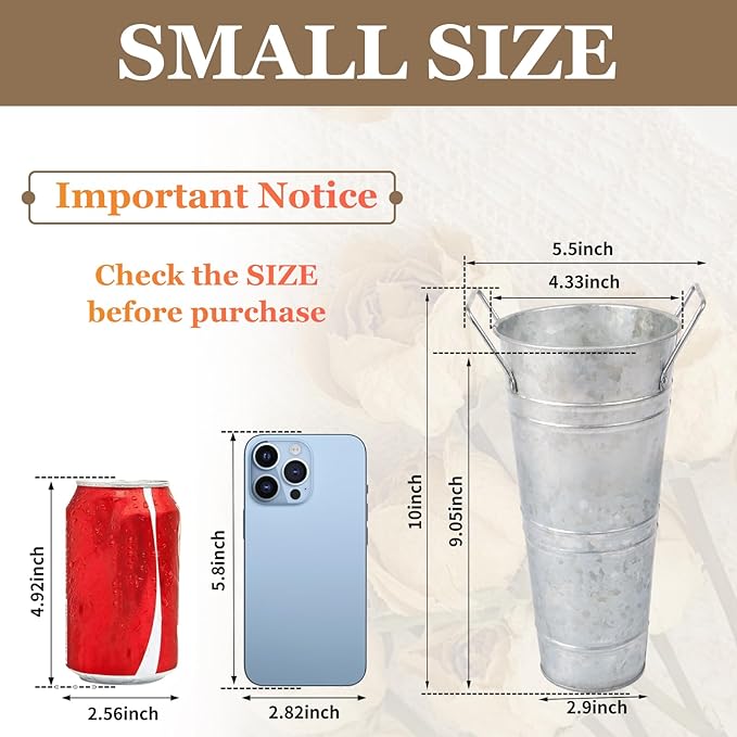 Set of 12 Small 10inch Flower Buckets for Flower Bar,Small Rustic Vase,Galvanized Bucket,Farmhouse Vase,Farmhouse Vases for Flowers (Silver,10'' Height,12pcs)