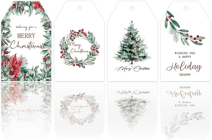 100 Pcs Christmas Paper Gift Tags Watercolor Plants Xmas Winter Seasonal Wishes Hanging Label Tags with Hemp Rope for Xmas Holiday Gift Wrapping DIY Crafts, 4 Designs