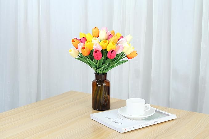 SITUMEIZI Fake Flowers Tulips Artificial Silk Flower 15pcs Real Touch 14" for Spring Easter Home Kitchen Wedding Bouquet Bulk Mother's Gift Day Decorations(Multicolor,5-1)
