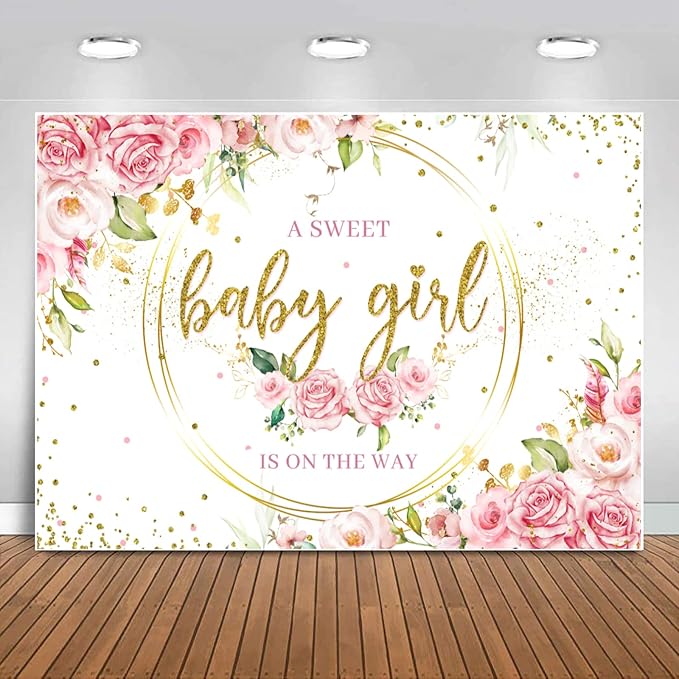 Sensfun Glitter Gold Pink Floral Baby Girl Baby Shower Backdrop Banner Decorations,Watercolor Flower Its a Sweet Baby Girls Baby Shower Party Decor Photography Background Photo Booth Shoot Props 5x3ft