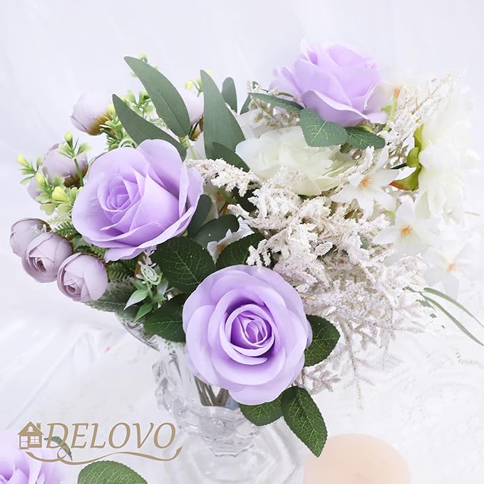 52pcs Lavender Roses Artificial Flowers Fake Flowers Silk Roses with Stems for DIY Wedding Bouquets Bridal Shower Centerpieces Arrangements Party Decorations