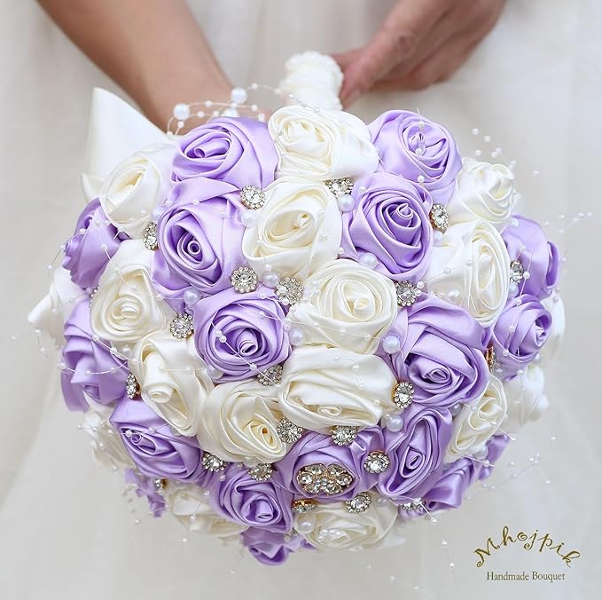 Bridal Wedding Bouquet Round Bling Brooch Bouquet Throw Toss Artificial Rose Flower Bunch for Bride Bridesmaid Wedding Quinceanera(Light Purple & Ivory, 6.3")