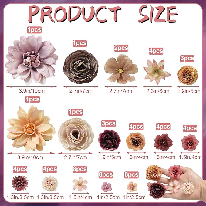 Artificial Flower Heads Combo - Fall Silk Dahlia & Roses Fake Flowers for Wedding, Party, Graduation Cap DIY, Cake Decoration, Table Centerpieces, Home Decor