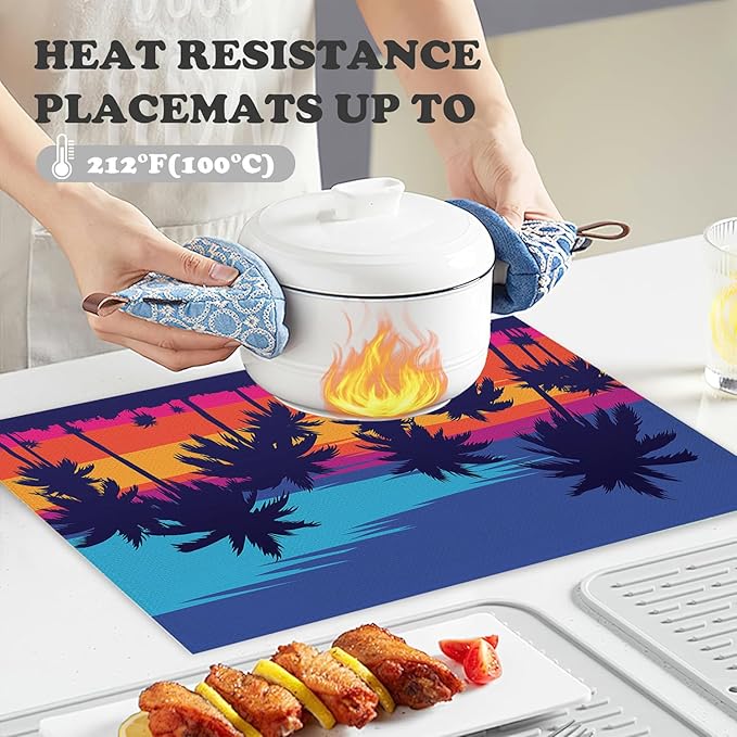 Placemats Set of 4 Palm Tree Orange Sunset Place Mats Washable Table Dinner Mats Linen Table Mats for Kitchen Dining Party Home Kitchen Decor 12x18 Inch