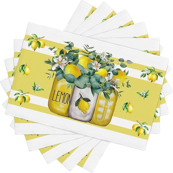 Lemon Kitchen Table Placemats Set of 6 Retro Country Floral Plant Print Placemat Indoor Outdoor Party Home Desktop Dining Room Decor 12x18 Inch