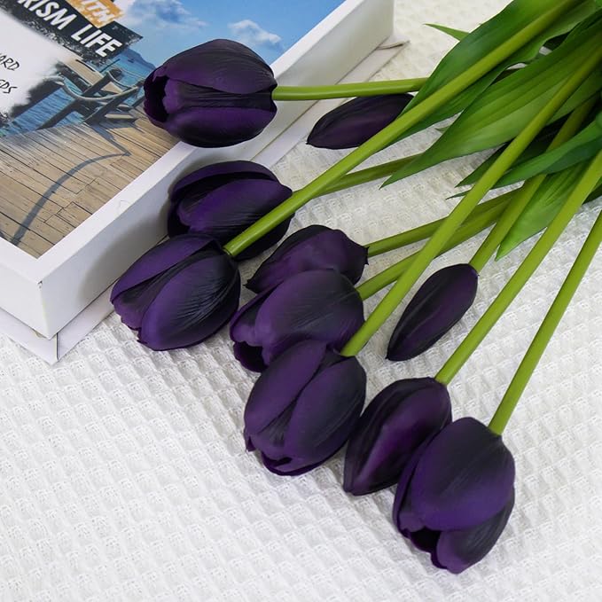 10 Pack Real Touch Tulips Artificial Flowers, 15.7 Inch Bendable Latex Tulips - No Maintenance Faux Flowers for Vase, Home Decor, Wedding Centerpiece (Purple)