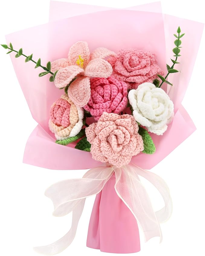 Handmade Crochet Sunflowers Rose Daisy as a Gift for Lover, Family,Friends. Crochet Bouquet, Crocheted Yarn Flowers, Artificial Flower Finished Bouquet (Pink)