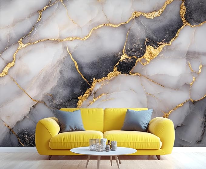 Golden Veins Marble Wall Mural, Black and White Marble 3D Wall Murals, Luxury Stone Wallpaper Mural, for Living Room Bedroom Large Wallpaper Indoor Decor 177.16" W x120 H