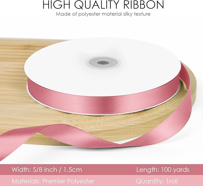 100 Yards 5/8 inch Satin Ribbon, Fabric Ribbon Solid Color Perfect for Gift Wrapping, Wedding, Handmade Bows, Floral Bouquets and Party Decoration(Pink)