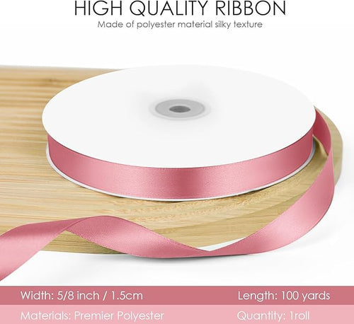 100 Yards 5/8 inch Satin Ribbon, Fabric Ribbon Solid Color Perfect for Gift Wrapping, Wedding, Handmade Bows, Floral Bouquets and Party Decoration(Pink)