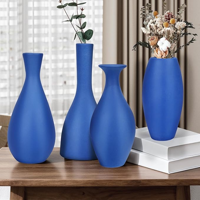 Matte Blue Ceramic Vase 4 Piece Set, Navy Blue Vase for Rustic Modern Home Decor, Coastal Decorative Vases for Living Room, Kitchen,Table,Shelf,Office,Housewarming,Gift