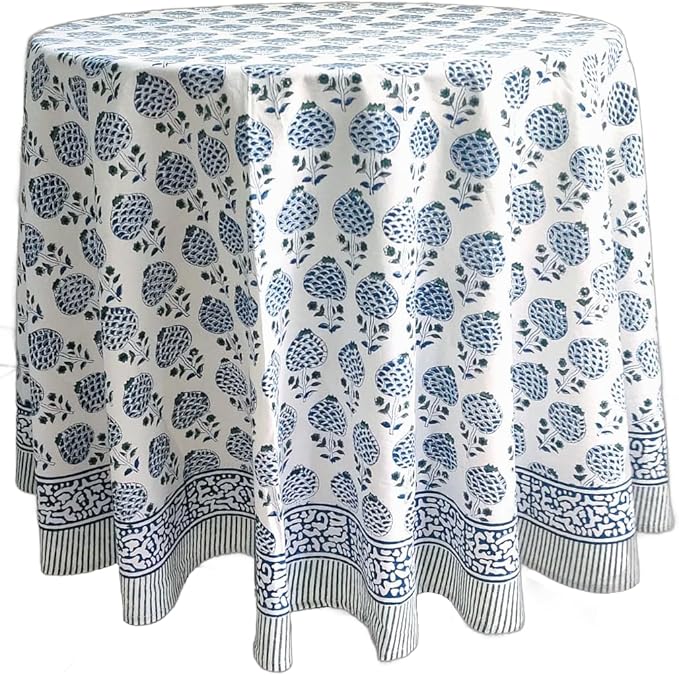 ATOSII Roma Blue 100% Cotton Boho Round Fall Tablecloth, Handblock Floral Print Table Cloth Linen for Kitchen Dining I Parties, Outdoors, Weddings, Christmas, Thanksgiving Decor 72" Inches Diameter