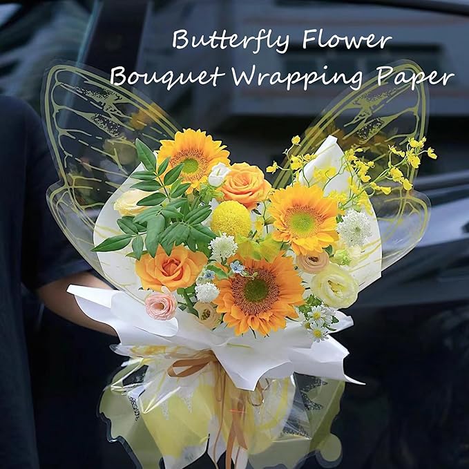 LLBWKC 20 Sets Butterfly Flower Wrapping Paper, Waterproof Butterfly Flower Bouquet Wrapping Paper, OPP Clear Floral Wraps for Florist Supplies, Gift Packaging, DIY Craft 20x22 in (Pink)