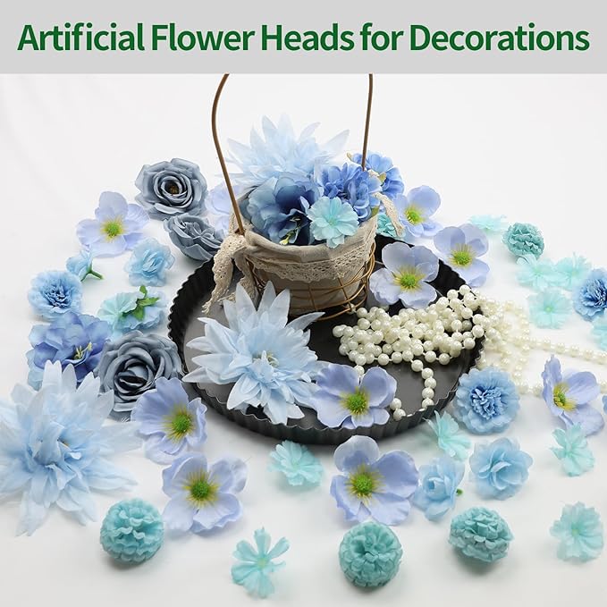 56 PCS Faux Flower Heads Combo Blue Silk Flowers Mix Peony Rose Hydrangea Fake Florals for DIY Crafts Wedding Bouquets Centerpieces Arrangements Party Bridal Baby Shower Home Decorations