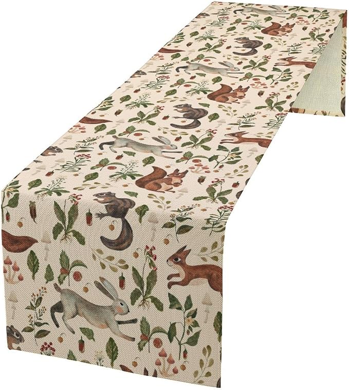 Rustic Forest Table Runner, Cartoon Woodland Wild Animals Rabbit Fox Vintage Botanical Mushroom Herbs Table Cover for Indoor Outdoor Home Decor Party, 13x108inch